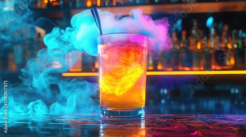 An exotic drink illuminated by neon lights in a futuristic bar setting, vibrant colors swirling with smoke tendrils, embodying a cyberpunk aesthetic with holographic features