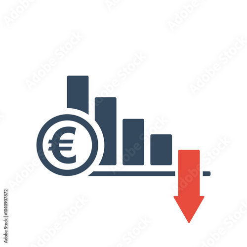 falling trend bar chart with euro sign and red down arrow, european currency inflation indicator or income forecast vector icon