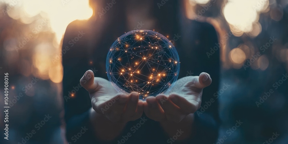 Fototapeta premium A woman holds a virtual globe representing internet connectivity, symbolizing global business, digital marketing, finance, and big data in a connected world.