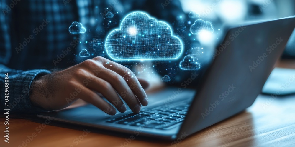 A man using a laptop with a cloud computing diagram in his hand, representing data storage, networking, and cloud-based internet services. A man using a laptop with a cloud computing diagram in his hand, representing data storage, networking, and cloud-based internet services.