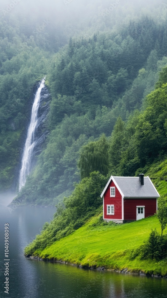 A red house sits in front of a waterfall. The house is surrounded by trees and the waterfall is in the background. The scene is peaceful and serene, with the water reflecting the trees and the house A red house sits in front of a waterfall. The house is surrounded by trees and the waterfall is in the background. The scene is peaceful and serene, with the water reflecting the trees and the house