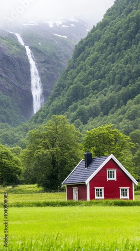 A red house sits in front of a waterfall. The house is surrounded by trees and the waterfall is in the background. The scene is peaceful and serene, with the water reflecting the trees and the house