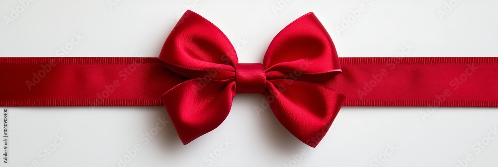 A red ribbon bow is shown on a white background. The bow is made of satin and is tied in a bow shape. The ribbon is red and white, and it is the color of a ribbon that is often used for gift wrapping A red ribbon bow is shown on a white background. The bow is made of satin and is tied in a bow shape. The ribbon is red and white, and it is the color of a ribbon that is often used for gift wrapping