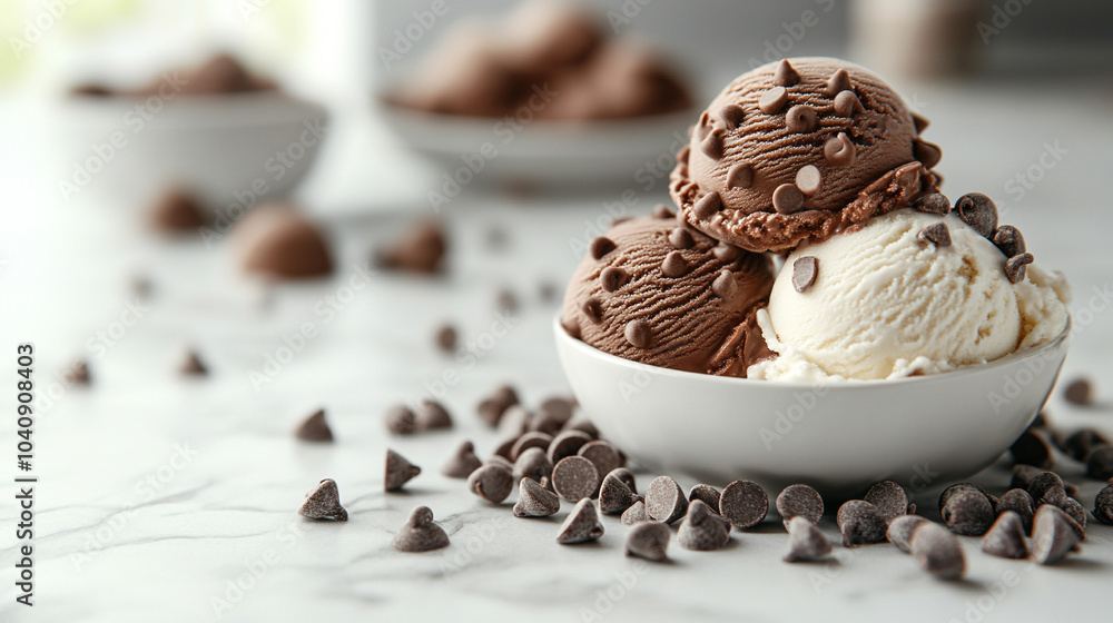 chocolate and creamy vanilla ice cream scoops. The contrast of colors and textures symbolizes the balance between sweet pleasure and pure enjoyment chocolate and creamy vanilla ice cream scoops. The contrast of colors and textures symbolizes the balance between sweet pleasure and pure enjoyment