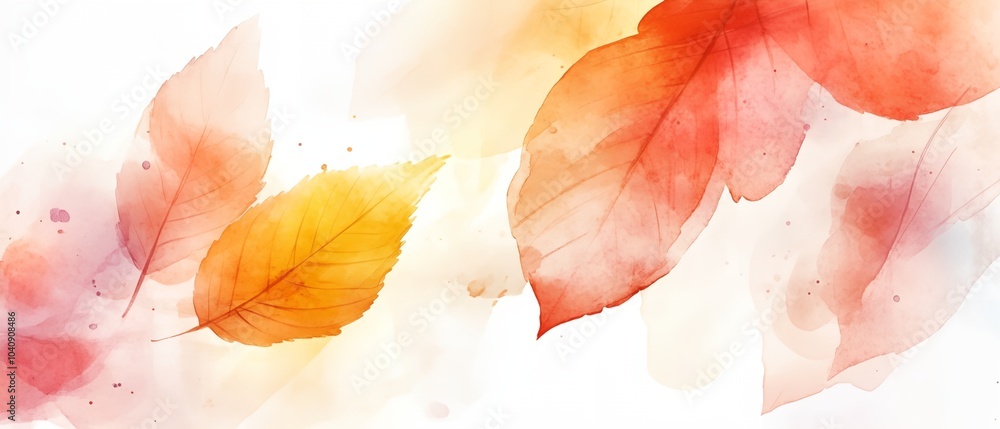 A watercolor painting of leaves with a yellow leaf in the middle. The leaves are in various shades of orange and red, and they appear to be floating in the air. The painting has a dreamy A watercolor painting of leaves with a yellow leaf in the middle. The leaves are in various shades of orange and red, and they appear to be floating in the air. The painting has a dreamy