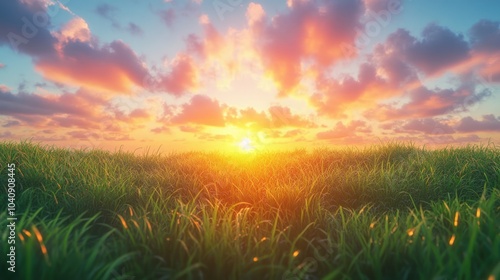 Vibrant sunset over a field of lush green grass, with a warm glow illuminating the clouds.