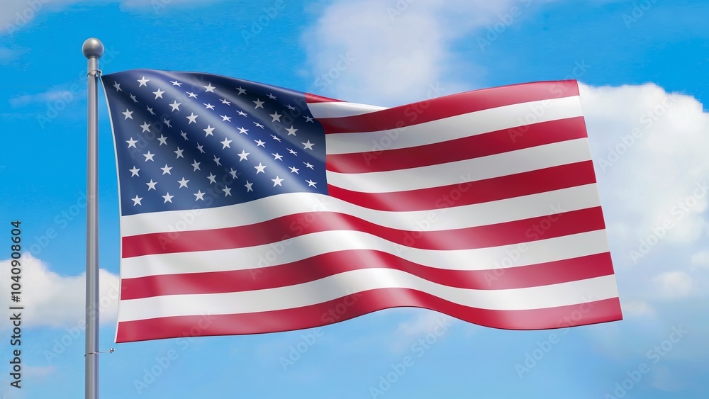 Obraz premium A US flag waving in the wind against a blue sky with clouds.