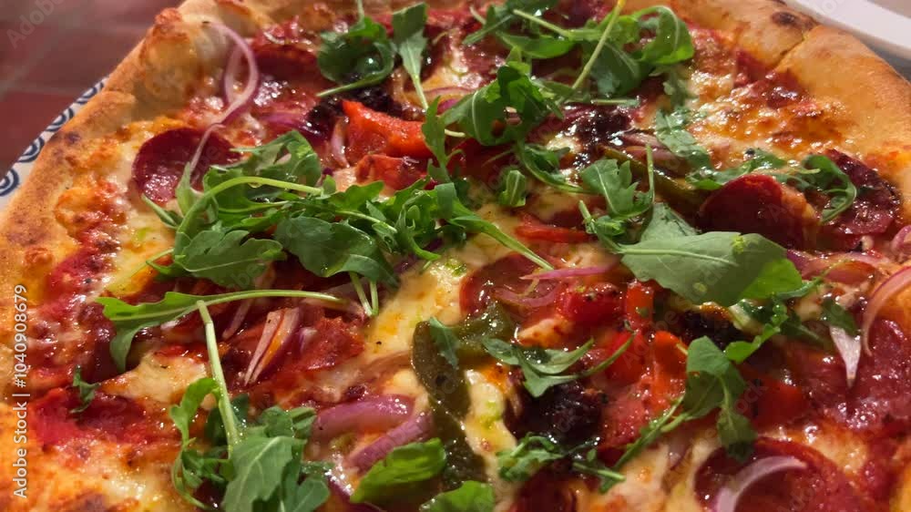 Traditional Italian spicy pepperoni pizza with red onions and rocket salad, perfect crust, real authentic Neapolitan pizza, yummy food, 4K shot Traditional Italian spicy pepperoni pizza with red onions and rocket salad, perfect crust, real authentic Neapolitan pizza, yummy food, 4K shot