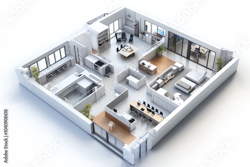 A large open floor plan with a lot of furniture and a lot of windows. The room is very spacious and has a modern design