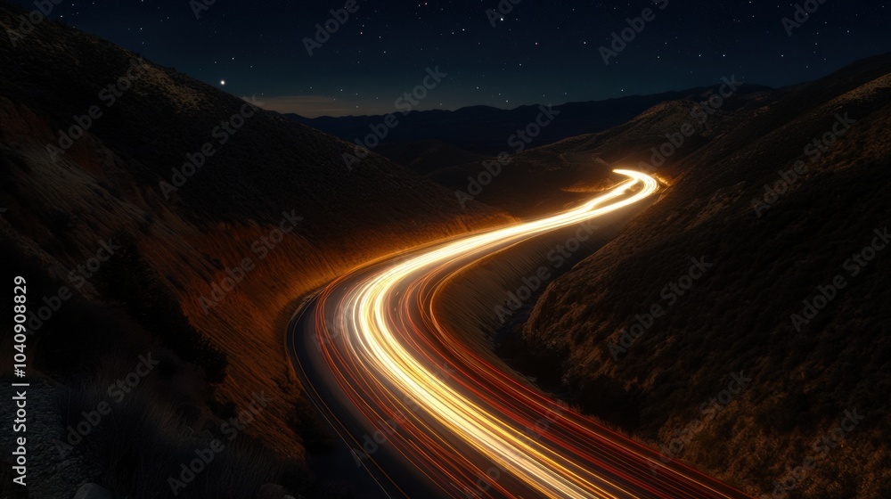 Fototapeta premium Nighttime Car Trails in Mountain Pass, dynamic light streaks weave through dark landscapes, showcasing the beauty of nocturnal travel.
