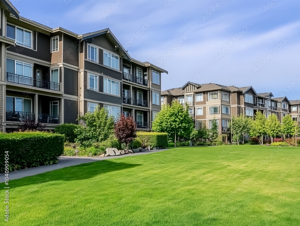 A row of apartment buildings with a large grassy area in between them. The grass is lush and green, and the buildings are tall and imposing. Concept of community and a peaceful, suburban atmosphere A row of apartment buildings with a large grassy area in between them. The grass is lush and green, and the buildings are tall and imposing. Concept of community and a peaceful, suburban atmosphere