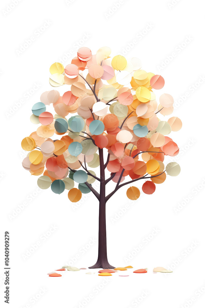 Fototapeta premium The image showcases a colorful tree rendered in a charming 3D animation style, resembling a papercut design, ideal for creative and playful digital projects.