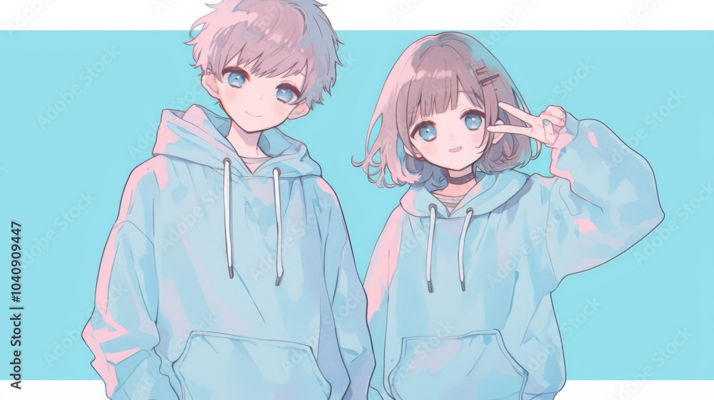 Charming Anime-Style Boy and Girl in Light Blue Hoodies with Happy Expressions, Full-Body Portrait Charming Anime-Style Boy and Girl in Light Blue Hoodies with Happy Expressions, Full-Body Portrait