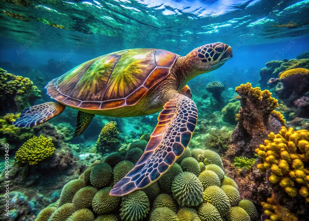 Fototapeta premium Drone captures intricate coral patterns on a resting green turtle.