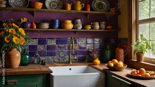 Wallpaper Mural Charming rustic kitchen featuring colorful pottery and fresh produce, captured in natural light with a floral arrangement on the table Torontodigital.ca