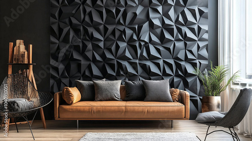 Modern interior scene with stylish brown sofa, decorative pillows, and textured black wall. room features cozy atmosphere with unique furniture and greenery