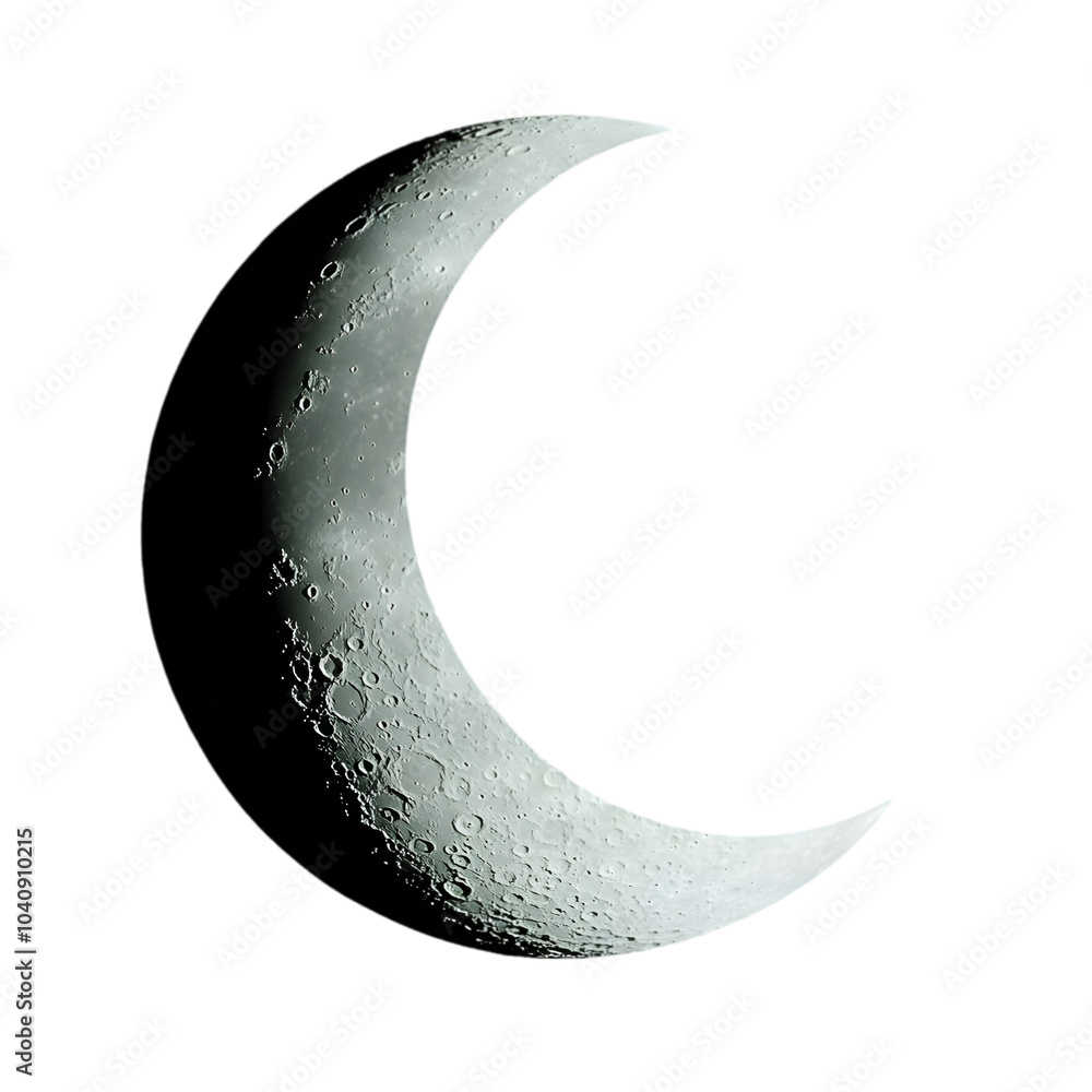 Moon crescent with detailed craters on a white background. Moon crescent with detailed craters on a white background.