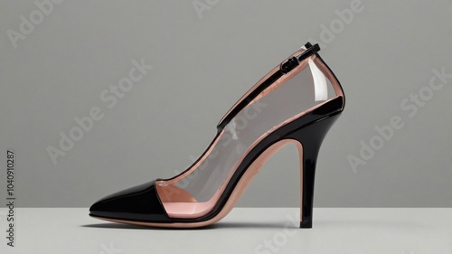 Elegant black and clear high-heeled shoe displayed on a minimalist surface in a modern setting with soft lighting