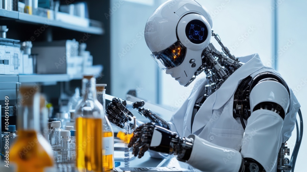 A humanoid robot scientist, advanced design with lab coat and scientific equipment, Innovative style A humanoid robot scientist, advanced design with lab coat and scientific equipment, Innovative style