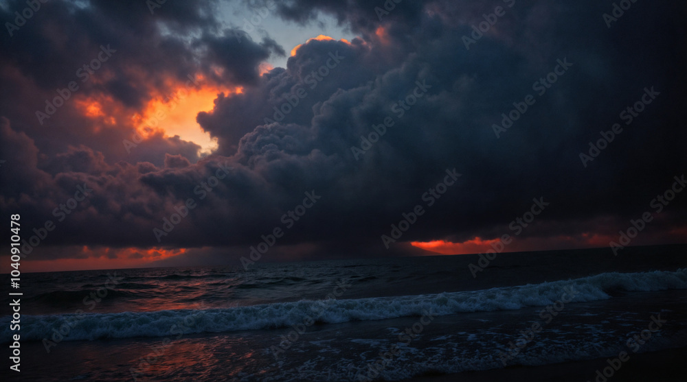 Massive Cumulonimbus Cloud Over Ocean Horizon at Dusk Massive Cumulonimbus Cloud Over Ocean Horizon at Dusk