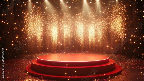 A red large podium surrounded by four floor fireworks and stage lights. Festive background around with confetti and lights. 