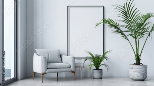 Contemporary painting frame in bright modern room interior with gray armchair and palm tree