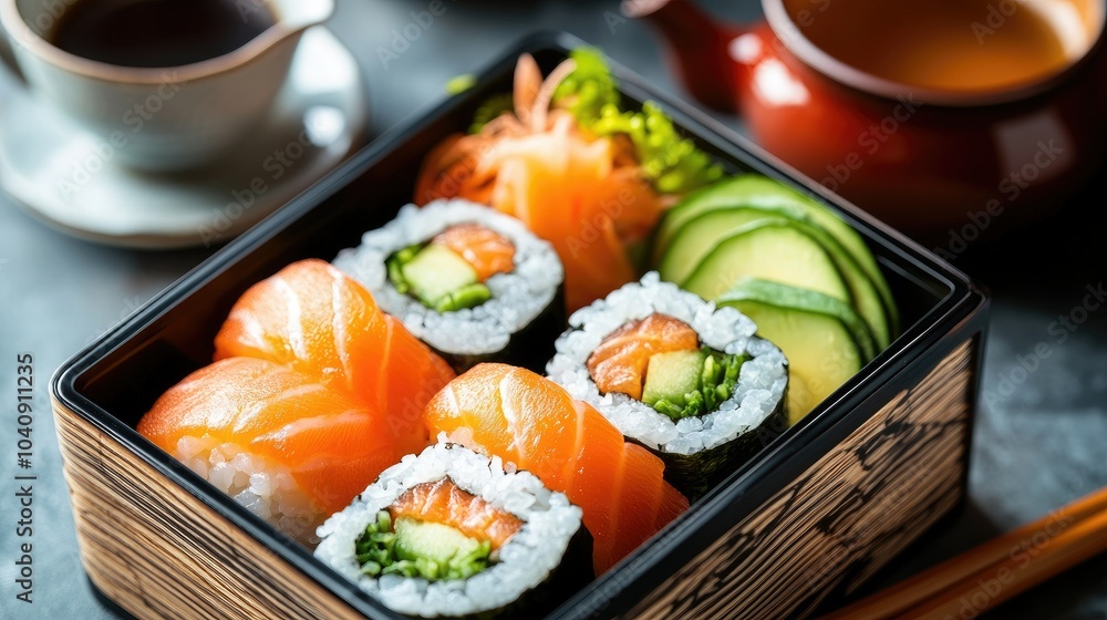 Bento lunch box featuring salmon and avocado sushi rolls with vibrant colors. Traditional Japanese culinary style with a tea set in the background. Bento lunch box featuring salmon and avocado sushi rolls with vibrant colors. Traditional Japanese culinary style with a tea set in the background.