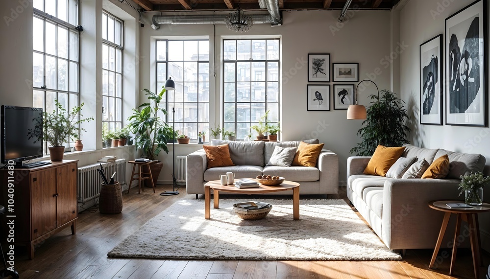 Modern loft-style apartment with engineered hardwood floors, industrial accents, and large windows that let in natural light Modern loft-style apartment with engineered hardwood floors, industrial accents, and large windows that let in natural light