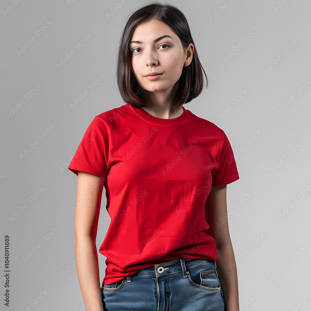 A young Caucasian woman with a bob haircut poses confidently in a vibrant red t-shirt and casual blue jeans against a neutral background. A young Caucasian woman with a bob haircut poses confidently in a vibrant red t-shirt and casual blue jeans against a neutral background.