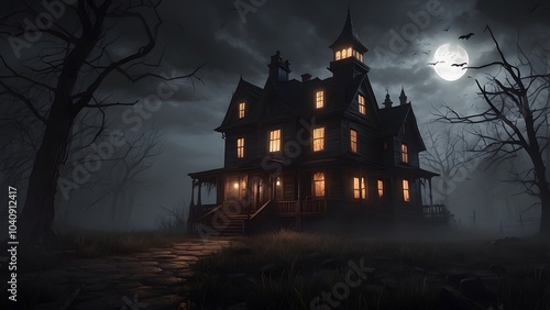 Halloween horror dark moody glowing house, creepy streets of the house, flying bats dead trees Halloween scary house poster, holiday event Halloween background concept