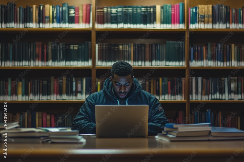 A student sitting in a college library, surrounded by textbooks and a laptop, highlighting dedication, hard work, and the academic journey A student sitting in a college library, surrounded by textbooks and a laptop, highlighting dedication, hard work, and the academic journey
