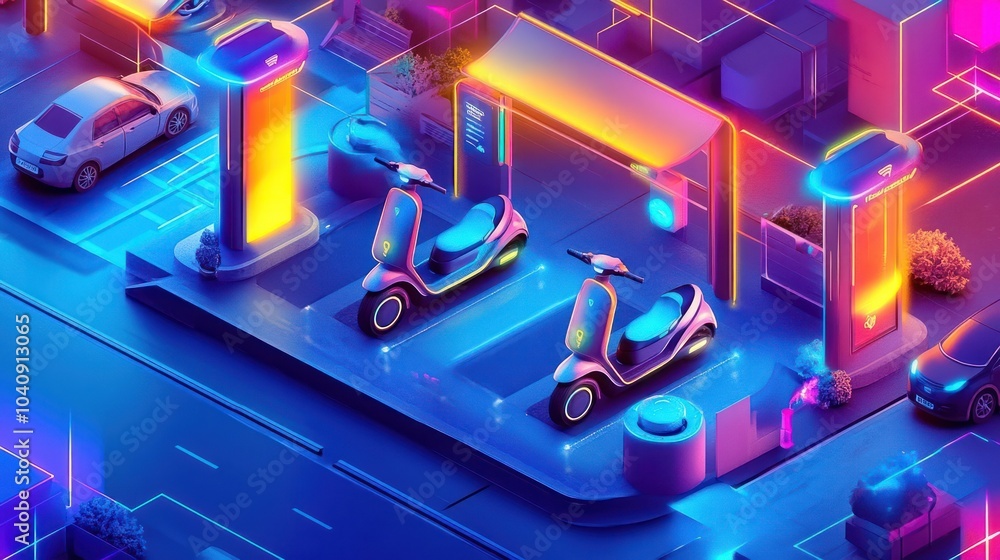 Naklejka premium Two electric scooters charging at a futuristic charging station with a car in the background.