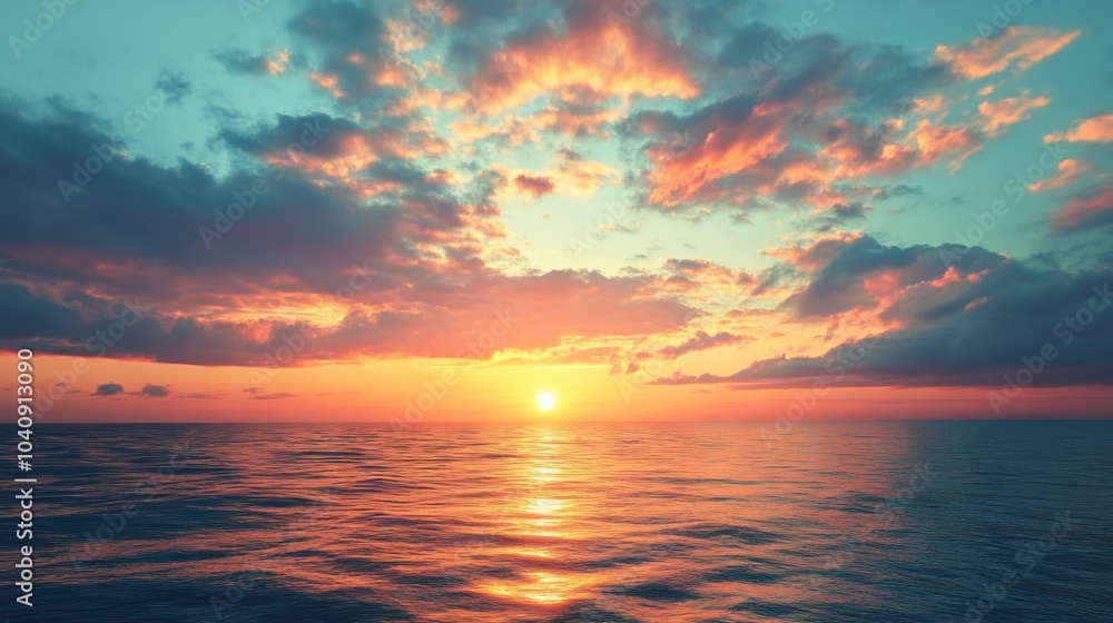 Fototapeta premium Vibrant Sunrise Over Serene Ocean Horizon, Capturing the Transition from Darkness to Light, Waves Gently Lapping at the Shore