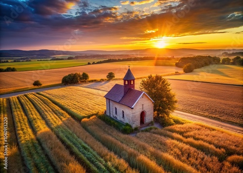 France's golden hour: Liget Chapel and wheat fields in aerial view.