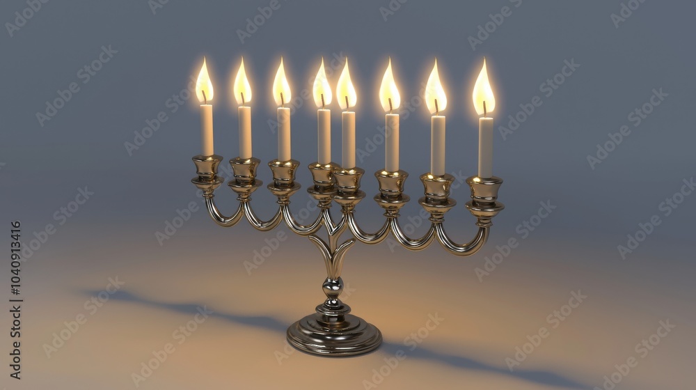 3D rendering of a traditional menorah with all eight candles lit, placed on a clean white surface with soft shadows, ideal for contemporary Hanukkah marketing and design projects 3D rendering of a traditional menorah with all eight candles lit, placed on a clean white surface with soft shadows, ideal for contemporary Hanukkah marketing and design projects