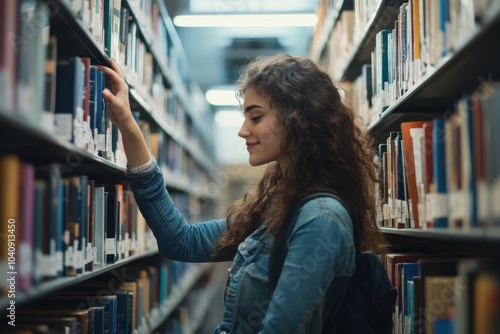 A young woman in a library, searching through shelves filled with books, her hand reaching for a title, capturing the love of learning and discovery