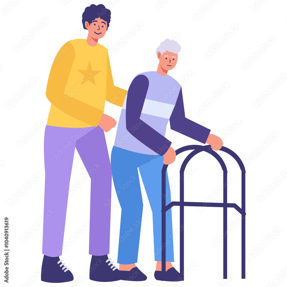 Volunteer Character Helping Elderly Isolated on White Background. Vector Illustration Volunteer Character Helping Elderly Isolated on White Background. Vector Illustration