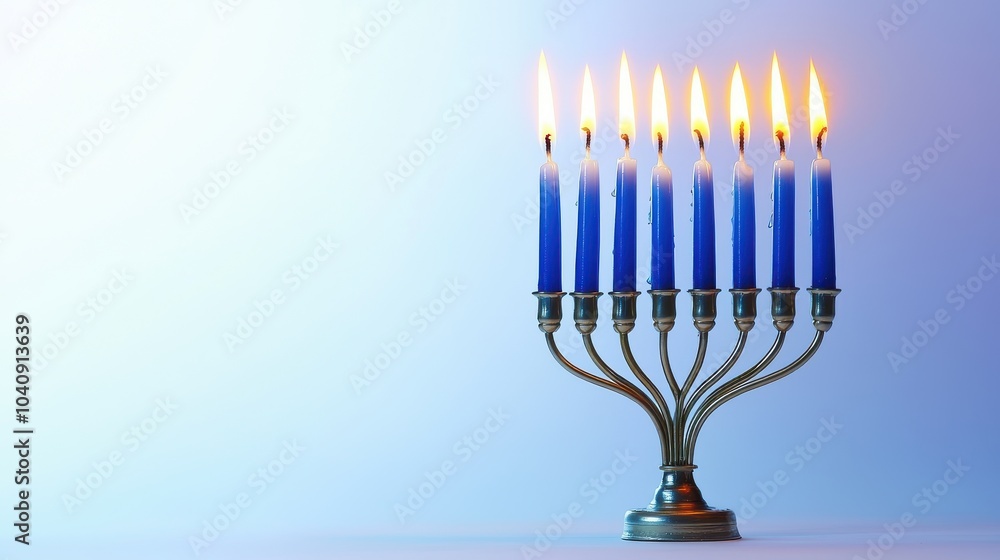 Close-up of a lit menorah on a simple white background, focusing on the beautiful glow of Hanukkah candles, perfect for designs that highlight traditional symbols Close-up of a lit menorah on a simple white background, focusing on the beautiful glow of Hanukkah candles, perfect for designs that highlight traditional symbols