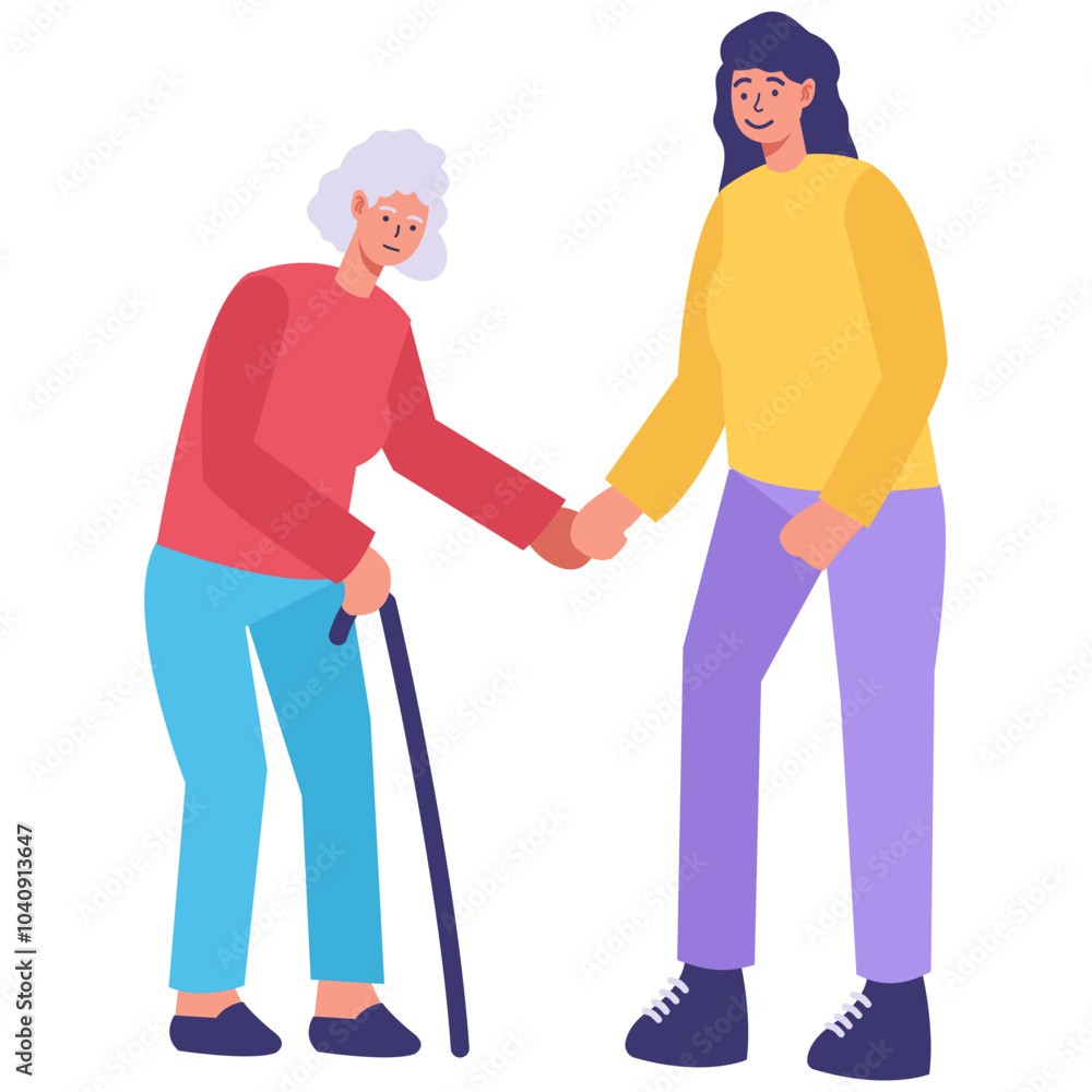 Volunteer Character Helping Elderly Isolated on White Background. Vector Illustration Volunteer Character Helping Elderly Isolated on White Background. Vector Illustration