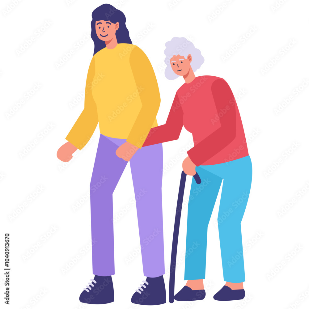 Volunteer Character Helping Elderly Isolated on White Background. Vector Illustration Volunteer Character Helping Elderly Isolated on White Background. Vector Illustration