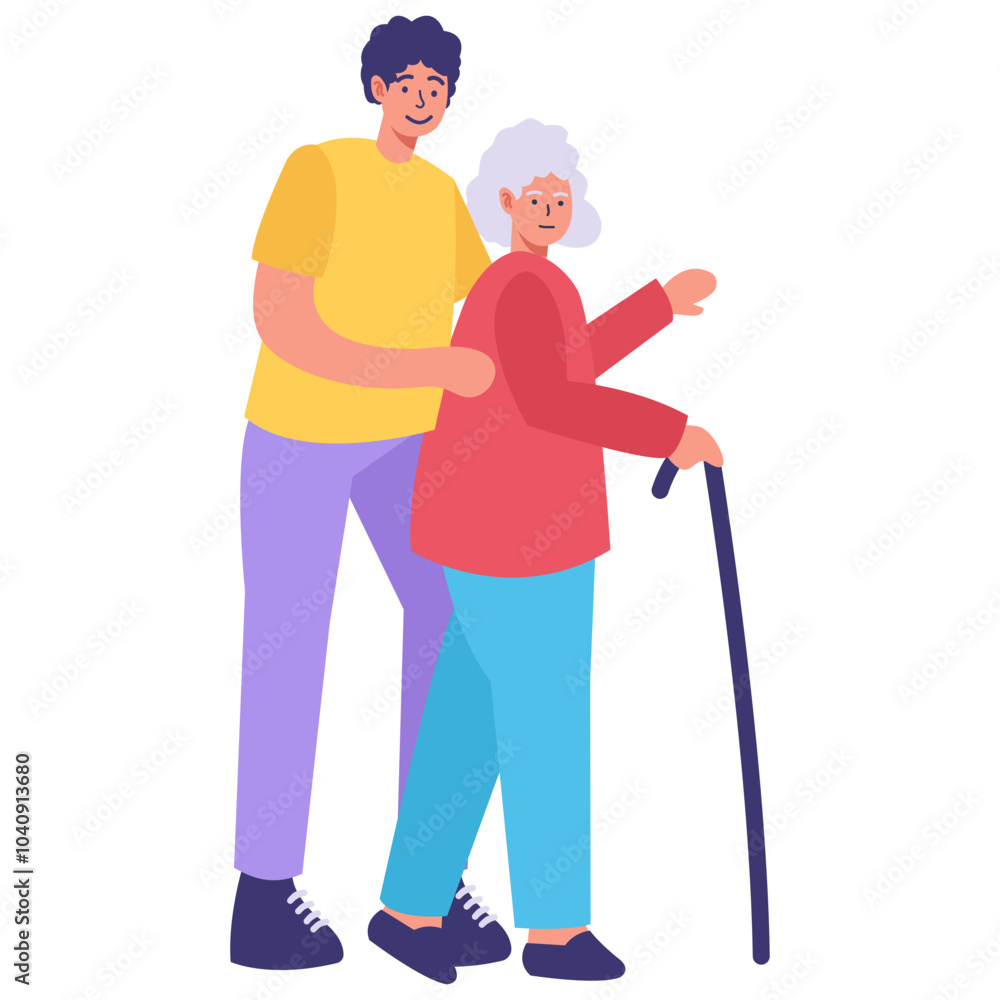 Volunteer Character Helping Elderly Isolated on White Background. Vector Illustration Volunteer Character Helping Elderly Isolated on White Background. Vector Illustration