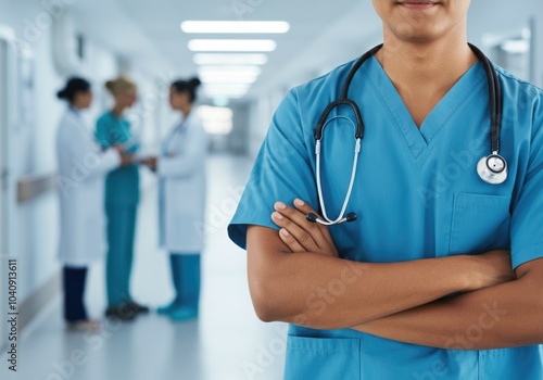 Confident Medical Professional in Hospital Corridor with Team in Background