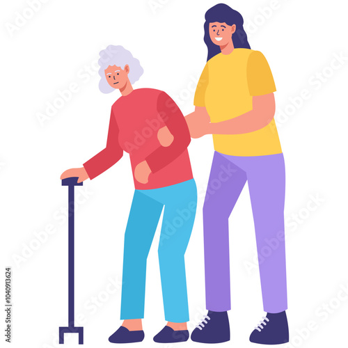 Volunteer Character Helping Elderly Isolated on White Background. Vector Illustration