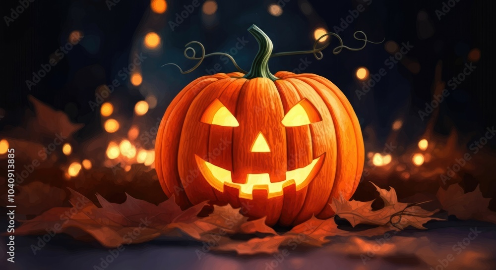 Fototapeta premium Enchanting Autumn Pumpkin Lantern Glowing in Twilight