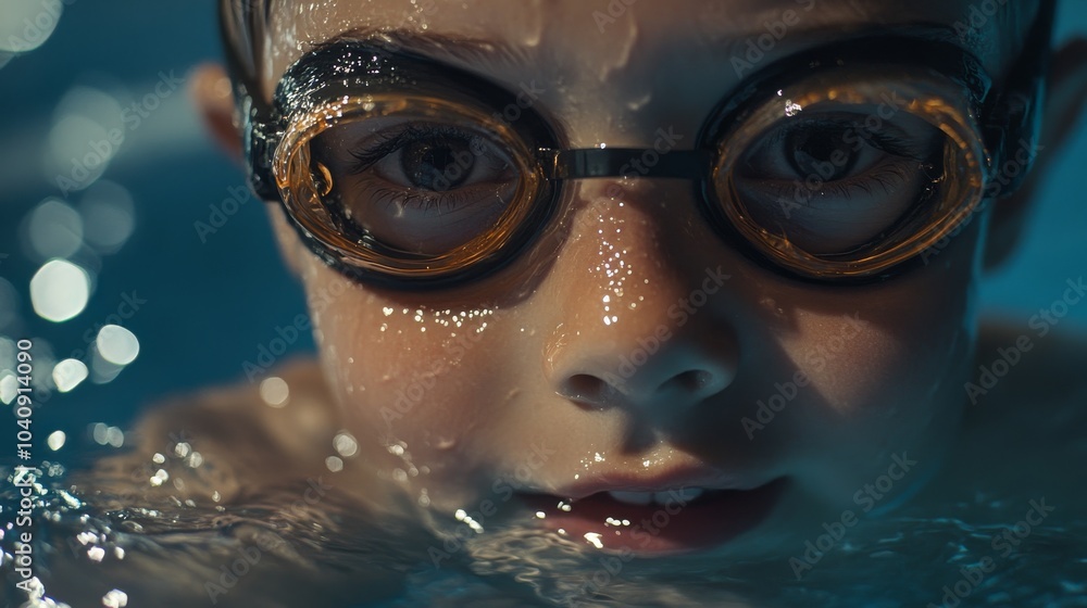 2410 27.Close-up of a child face, water droplets glistening on his goggles as he holds onto a swim board, swimming through a pool. His cap and goggles give a sporty look, while his wide smile shows 2410 27.Close-up of a child face, water droplets glistening on his goggles as he holds onto a swim board, swimming through a pool. His cap and goggles give a sporty look, while his wide smile shows