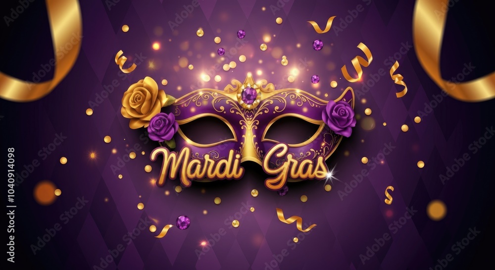 Festive Mardi Gras Celebration Background with Decorative Mask and Confetti Festive Mardi Gras Celebration Background with Decorative Mask and Confetti