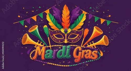 Wallpaper Mural Vibrant Mardi Gras Celebration Illustration with Festive Mask and Trumpets Torontodigital.ca