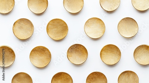 Floating Gold Gelt Coins Arranged Symmetrically on Solid White Background Highlighting Texture and Shine for a Crisp Hanukkah Design photo