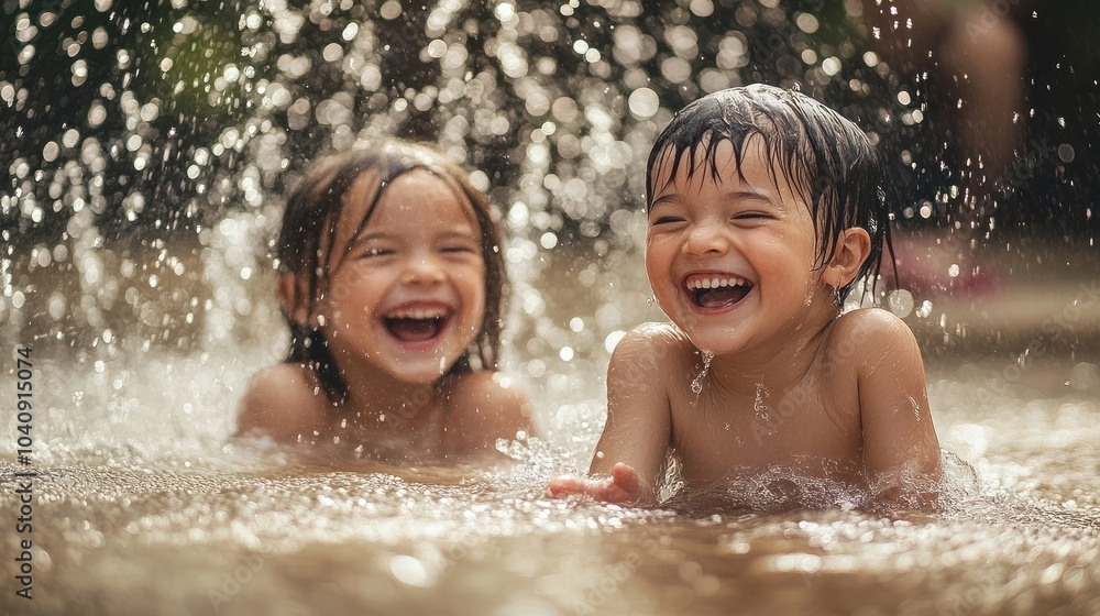 Two kids laughing in a pool with water spraying on them. Two kids laughing in a pool with water spraying on them.