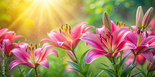 Beautiful Pink Garden Lilies in a Lush Green Background - Closeup Portrait Photography of Delicate Flowers on a Sunny Summer Day for Stunning Vertical Wallpaper